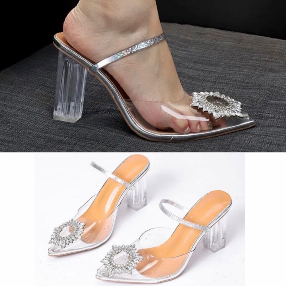 SHEIN Rhinestone Princess Deco Pointed Toe Clear Block Heel Mule Strap Heels